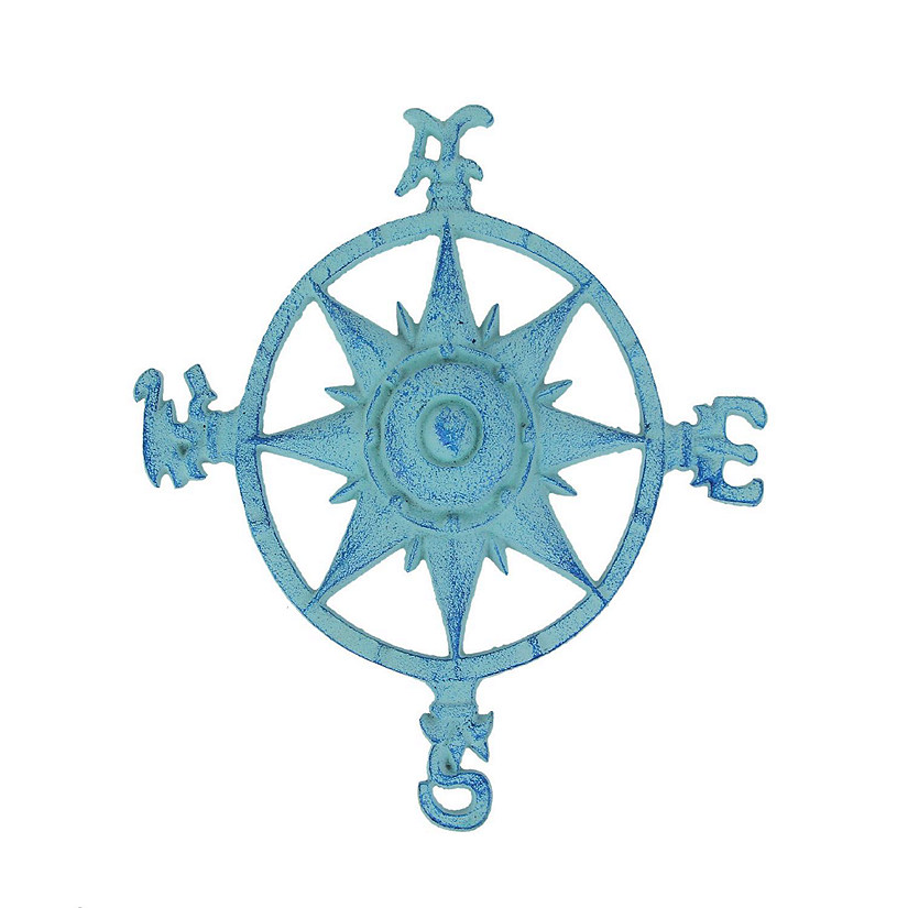 Zeckos Weathered Blue Cast Iron Nautical Compass Rose Wall Hanging Image
