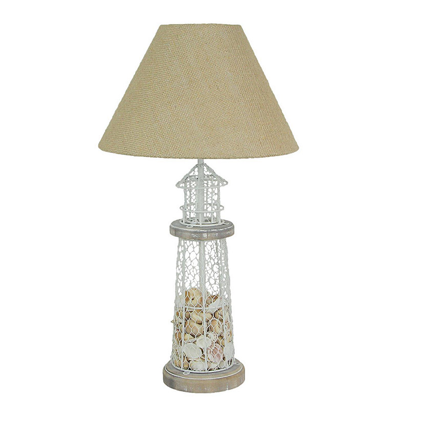 Zeckos White and Gray Seashell Filled Lighthouse Table Lamp with Burlap Shade Image