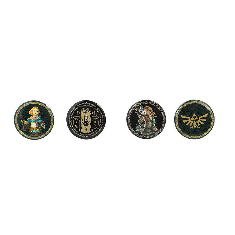 Zelda Tears of the Kingdom Button Pack - Authentication Crest, Link, Zelda, and Hyrule Crest (4-Pack) Image