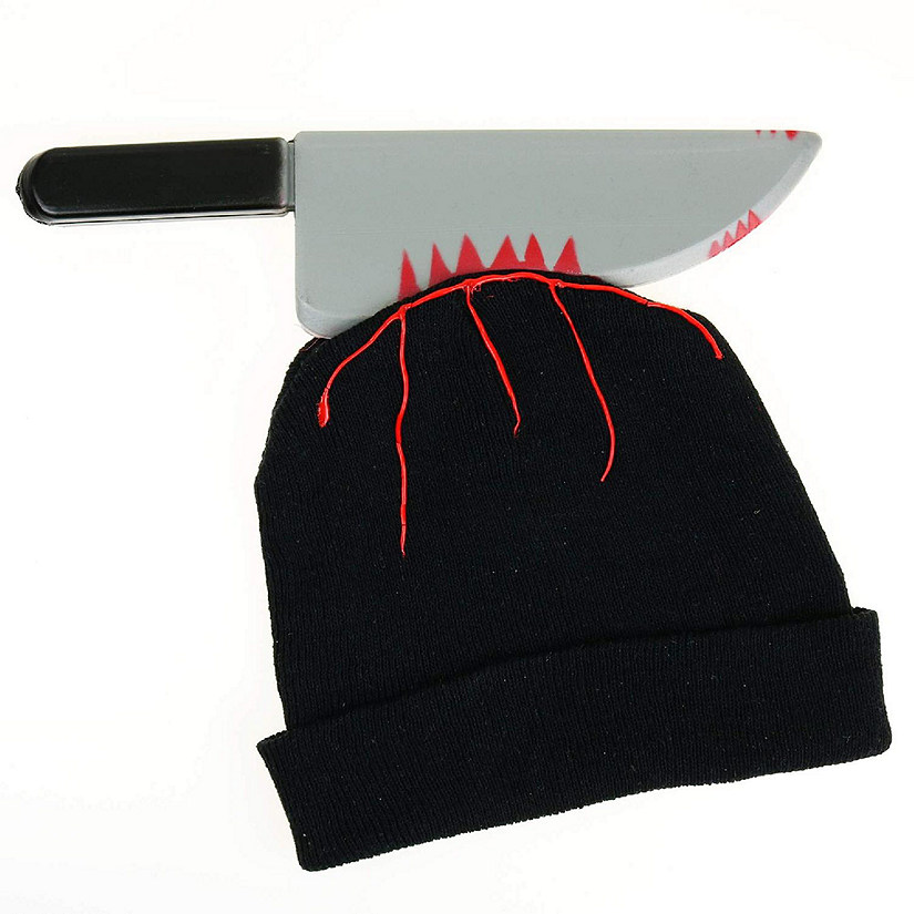 Zombie Scary Knife Hat - Bloody Zombies Horror Costume Accessories Beanie Hat with Large Butcher Weapon Black Image