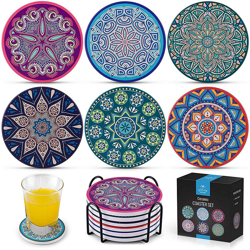 Zulay Kitchen Mandala Coasters with Holder & Cork Base - Set Of 6 Image