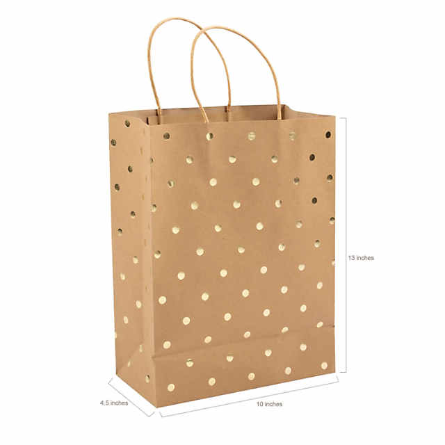 10 x 13 Large Gold Foil Dot Kraft Paper Gift Bags - 12 Pc