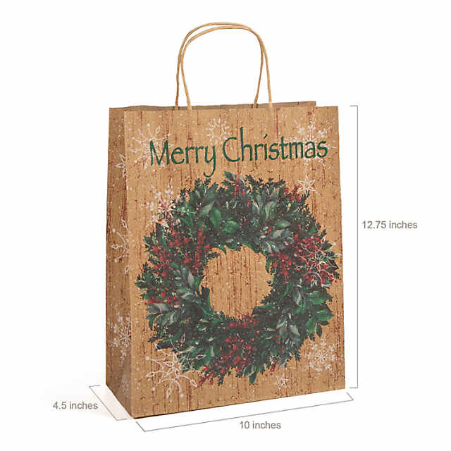 Christmas Kraft Gift Bag Set (12 Bags, 3 Sizes with 50 Sheets Tissue Paper Included) Black, White, Brown, Christmas Pine Trees, Snowflakes