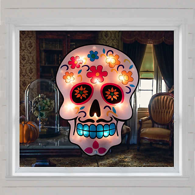 15 Lighted Day of the Dead Sugar Skull Halloween Window Silhouette Decor