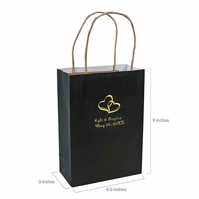 6 1/2 x 9 Medium Personalized Two Hearts Black Kraft Paper Gift Bags with  Gold Foil - 12 Pc.