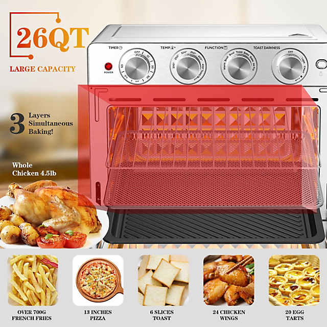 Air Fryer Fry Oil-Free, Stainless Stee l6 Slice 26QT/26L Extra Large  Toaster Convection Countertop Oven Combo Silver Color for Roast, Bake,  Broil, Reheat