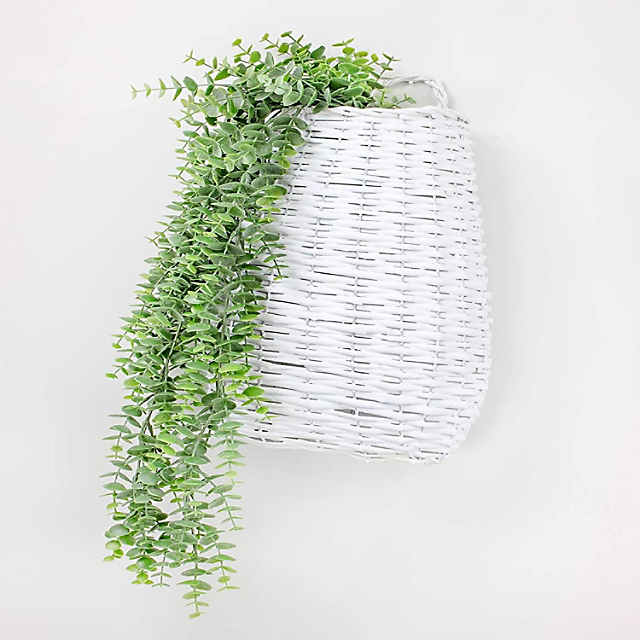 AuldHome Wall Hanging Pocket Basket (White); Woven Wicker Rustic