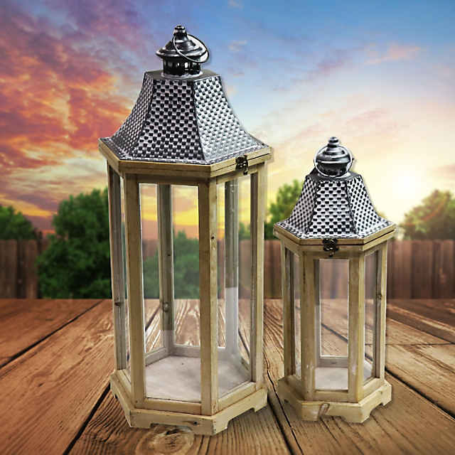 Backyard Expressions Patio Home Garden 909711 Decorative Patio-Set of 2-Waterproof, 27 inch and 20 inch Lanterns, Candles Included-Backyard