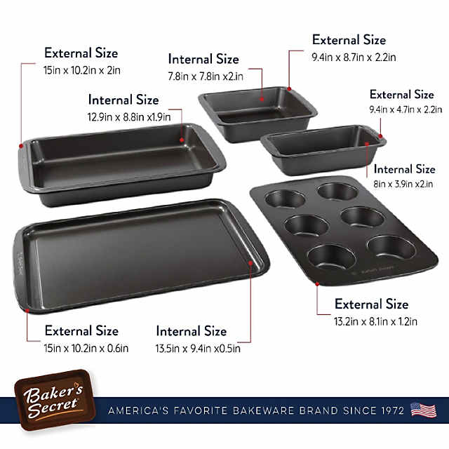  Baker's Secret Stackable Baking Set of 5 Bakeware Pans, Bakeware  Set, Baking Pan Set Includes Muffin Pan, Roaster Pan, Square Pan, Cookie  Sheet, Loaf Pan, Baking Supplies: Home & Kitchen