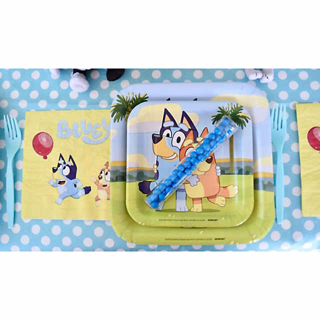 Bluey Party Supplies Pack Serves 16 Guest: 9 Plates Luncheon Napkins Cups  and Table Cover with Birthday Candles (Bundle for 16)