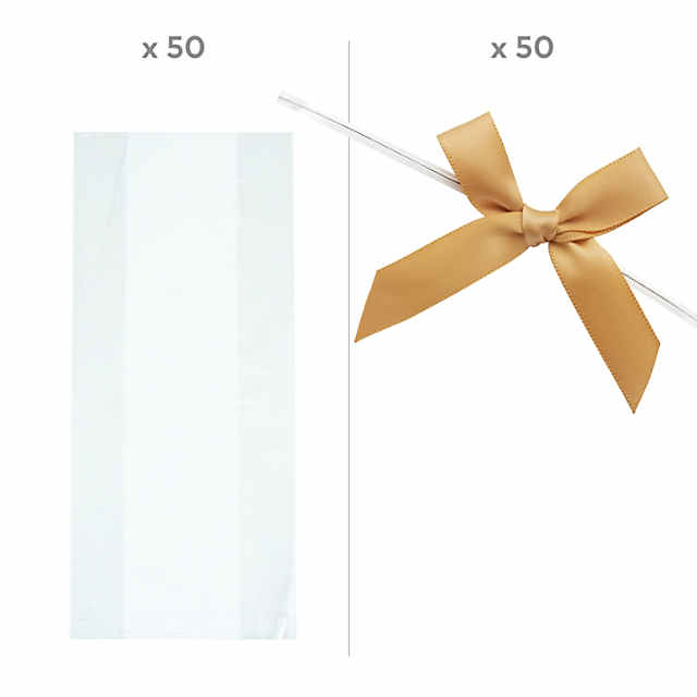 Bulk 100 Pc. Small Clear Cellophane Bags with Gold Bow Kit for 50