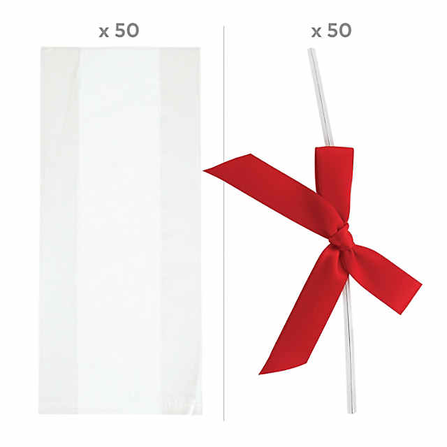 Bulk 100 Pc. Small Clear Cellophane Bags with Red Bow Kit for 50