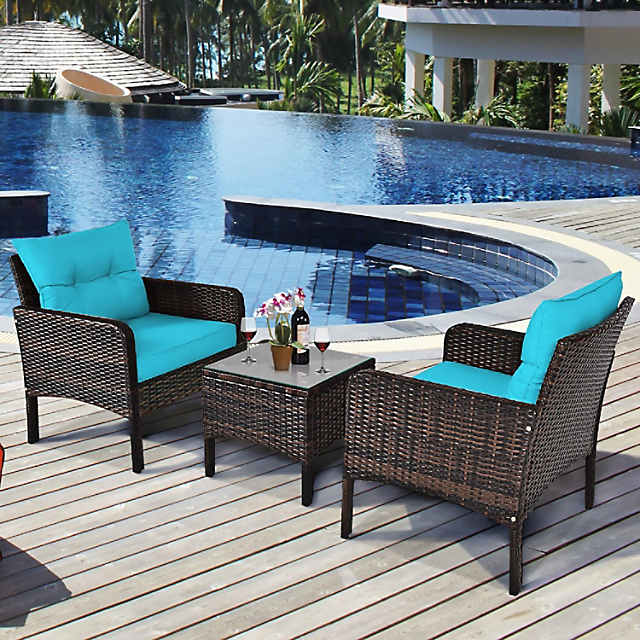 Costway 3PCS Outdoor Rattan Conversation Set Patio Garden