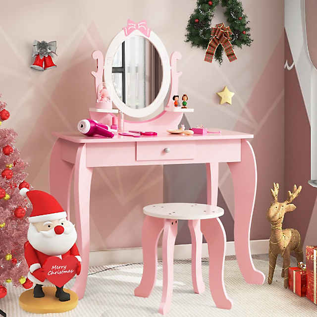 Kid Vanity Table Stool Set with Adjustable Mirror Storage Drawer Makeup Pink | Oriental Trading