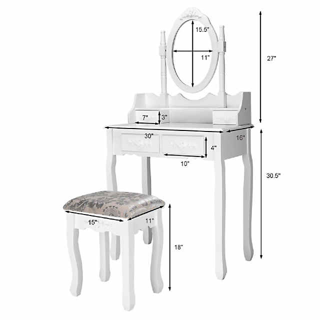 Costway Vanity Jewelry Wooden Makeup Dressing Table Set W/stool