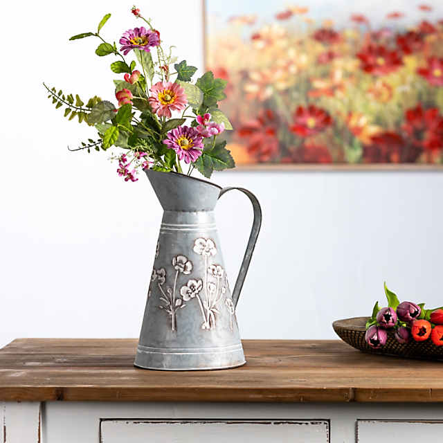 Melrose Floral Stamped Metal Pitcher Vase 12.5H