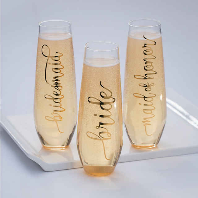 Way To Celebrate! BRIDE and GROOM Stemless Clear and Gold Glass Champagne  Flutes 