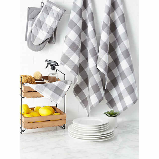 Kitchen Towels Black White Buffalo Check Plaid Set of 2 Dishtowels