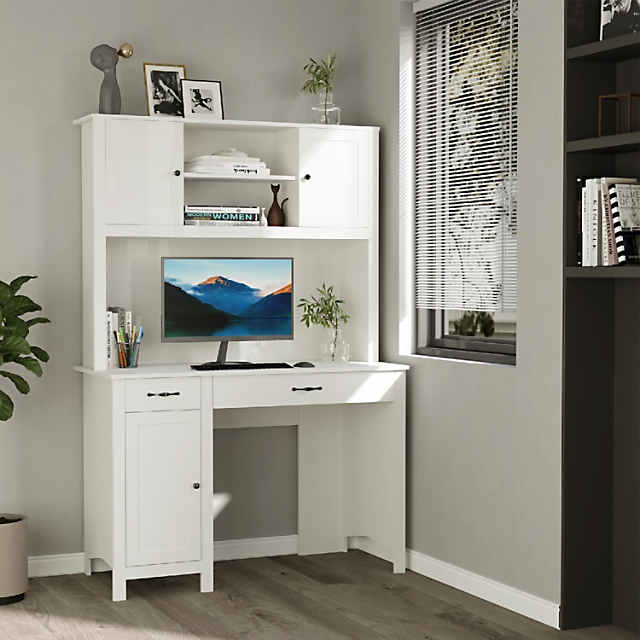 Corner Computer Desk with Hutch and Storage Shelves White