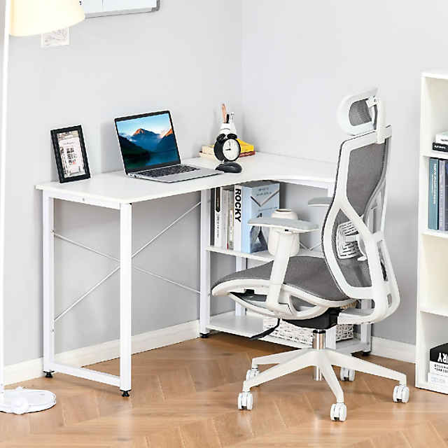 HOMCOM L Shaped Desk with Hutch Computer Desk with Drawers Home Office  Corner Desk Study Workstation Table with Storage Cabinets Shelves White