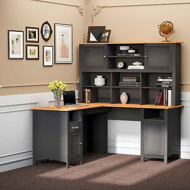 HOMCOM L Shaped Computer Desk with Storage Shelves Home Office Desk with  Drawers and Cabinets Black