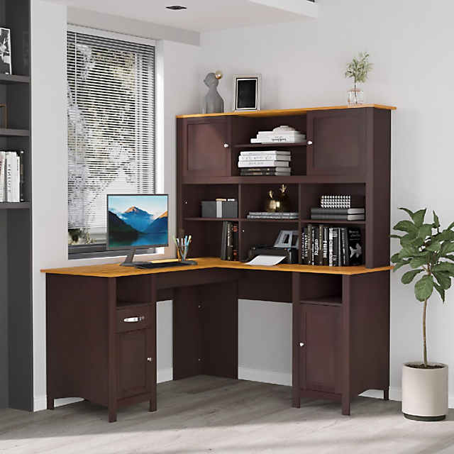 HOMCOM L Shaped Computer Desk with Storage Shelves Home Office Desk with  Drawers and Cabinets Coffee Brown