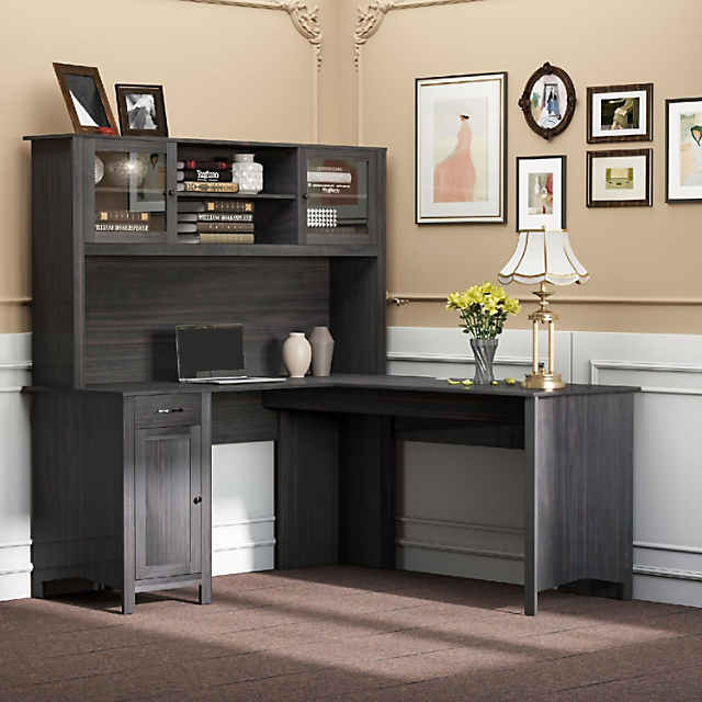 HOMCOM L Shaped Desk with Hutch Computer Desk with Drawers Home Office  Corner Desk Study Workstation Table with Storage Cabinets Shelves Coffee