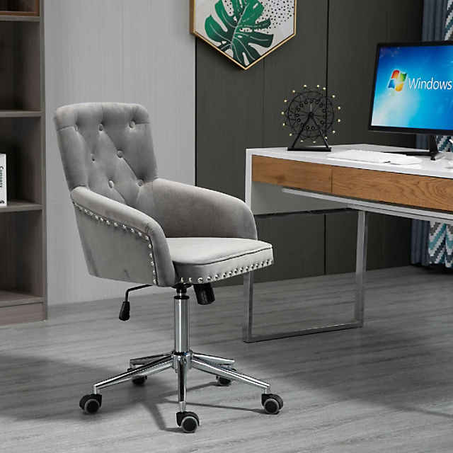HOMCOM Modern Mid back Desk Chair with Nailhead Trim Swivel Home Office  Chair with Button Tufted Velvet Back Adjustable Height Curved Padded  Armrests and Rocking Function Grey