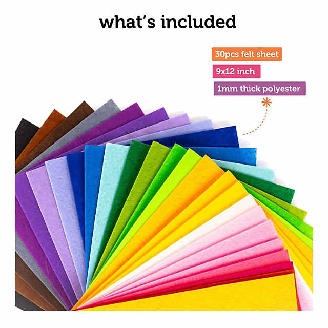 Incraftables Felt Sheets for Crafts 30 Pieces Colored (1mm Thick) Assorted Stiff  Felt Sheets Paper Pack of 30 Colors (9” x 12”)