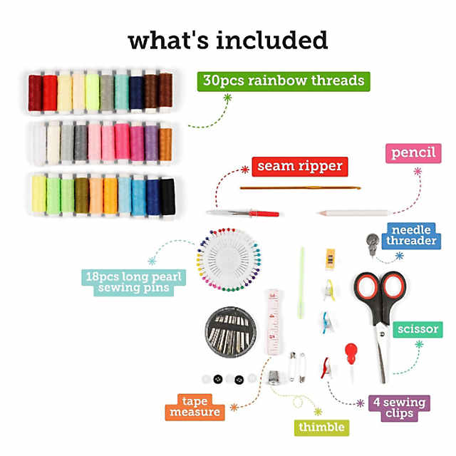 Sewing Kit for Adults and Kids - Small Beginner Set w/Multicolor Thread,  Needles, Scissors, Thimble & Clips - Emergency Repair and Travel Kits 