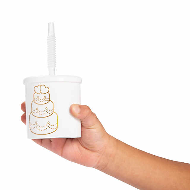 Fun Express Kids Wedding Cake Reusable Plastic Cups with Lids & Straws - 12 ct, White