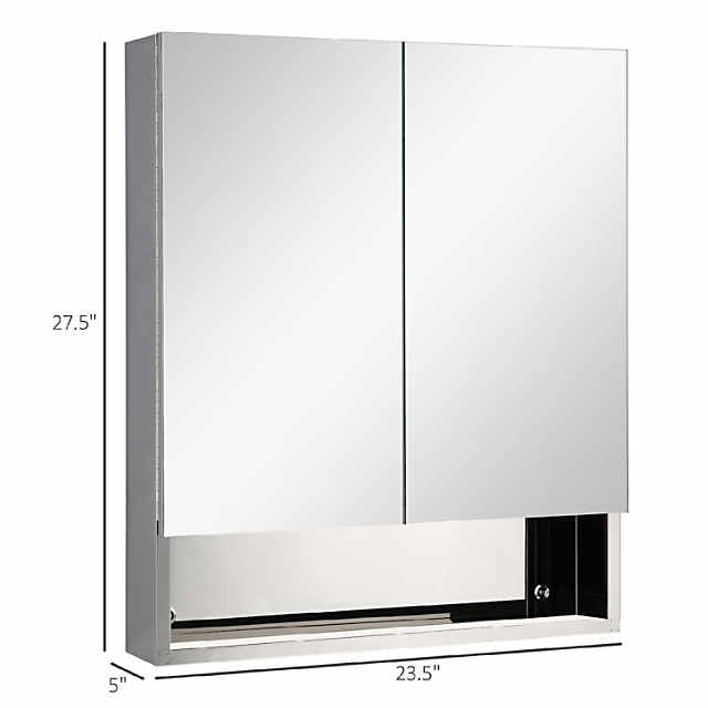 kleankin Wall Mounted Bathroom Medicine Cabinet with Mirror Steel Frame and Storage Organizer Double Doors White