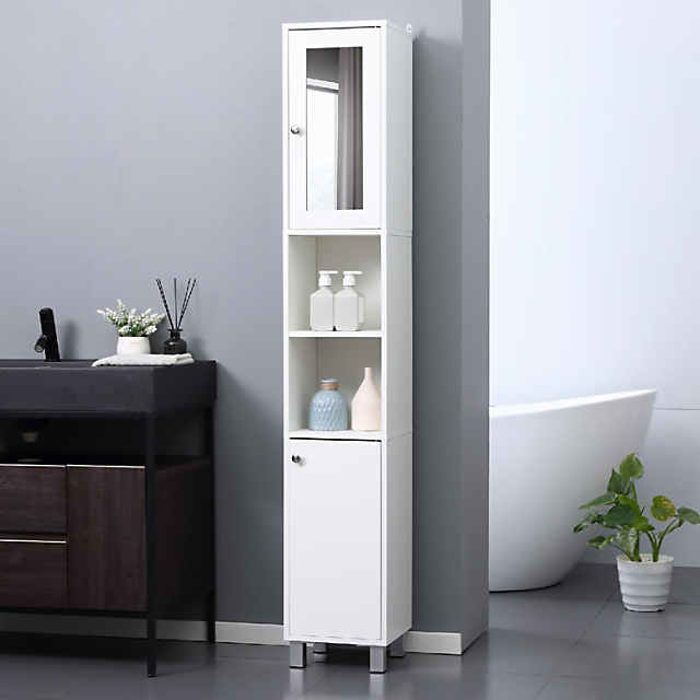 kleankin Slim Bathroom Storage Cabinet, Floor Standing Bathroom Organizer,  Linen Tower with Open Shelves and Glass Door, Gray