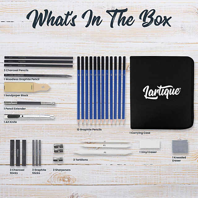 Lartique Art Supplies, 32 Piece Drawing Kit with Drawing Pencils and Drawing Supplies, for Artists