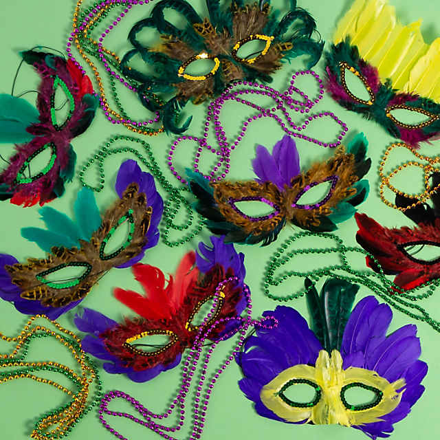 12 Piece Mardi Gras Feather Mask Assortment - Feather