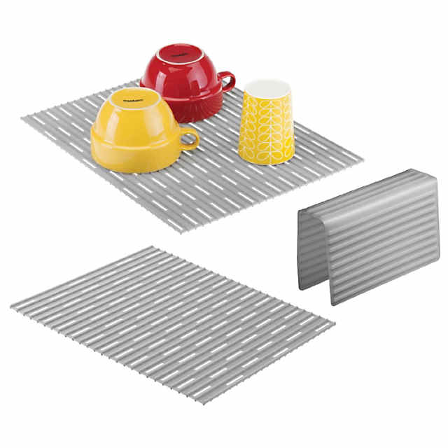 mDesign 3 Piece Silicone Kitchen Sink Protector Mat Pad Combo Set - Gray