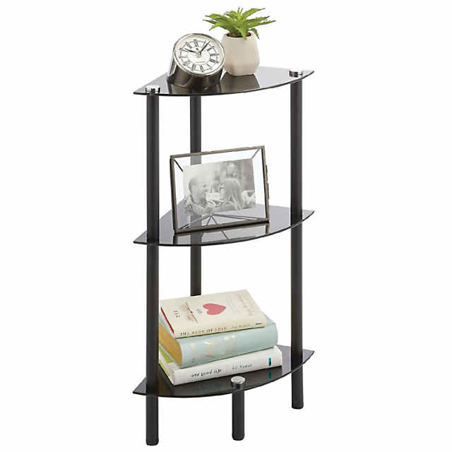 mDesign Glass Corner 3-Tier Tower Cabinet Storage Organizer Shelves, Black/Black