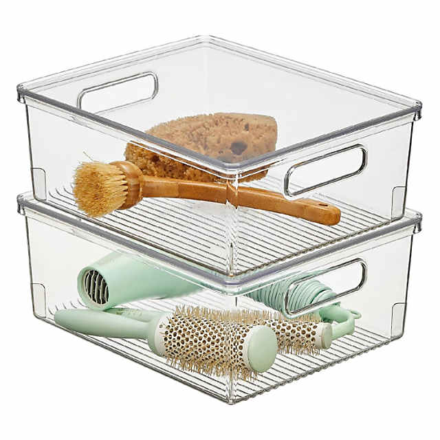 MDesign Tall Plastic Kitchen Storage Organizer Bin with Handles, 2 Pack,  Clear