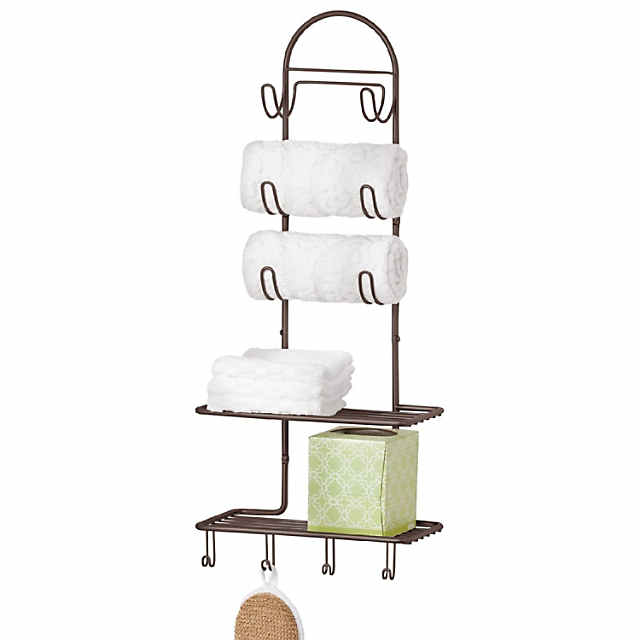 White 3 Tier Bathroom Shelf Wall Mounted with Towel Hooks