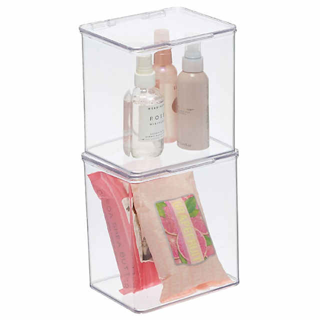 mDesign Plastic Bathroom Stacking Storage Organizer Box, Hinge Lid, 2 Pack, Clear