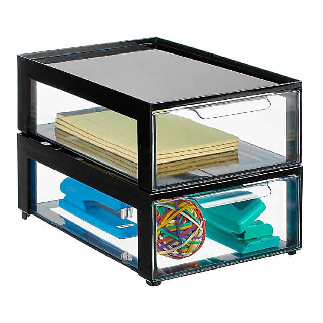 mDesign Plastic Office Storage Stack Organizer with Drawer, 2 Pack,  Black/Clear