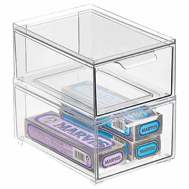 https://s7.orientaltrading.com/is/image/OrientalTrading/PDP_VIEWER_IMAGE_MOBILE$&$NOWA/mdesign-plastic-stackable-bathroom-storage-organizer-with-drawer-2-pack-clear~14366813-a01$NOWA$