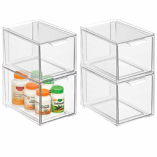 mDesign Plastic Stackable Bathroom Storage Organizer with Drawer, 4 Pack,  Clear