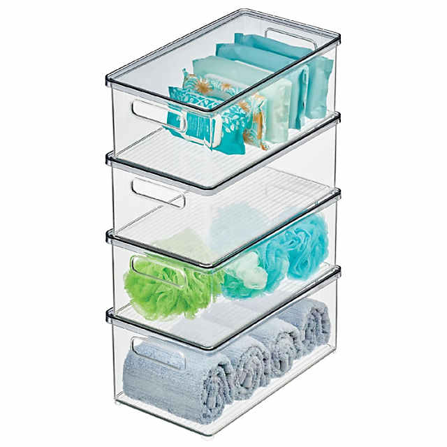 mDesign Plastic Storage Bin Box Container, Lid and Handles, 4 Pack, Clear/Gray  