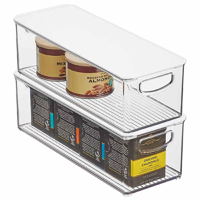 mDesign Slim Plastic Kitchen Storage Bin Box, Lid/Handles, 2 Pack,  Clear/White