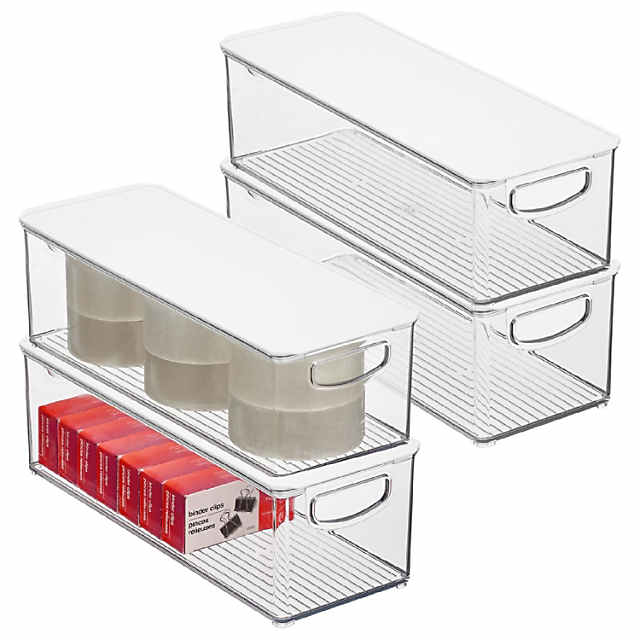 mDesign Slim Plastic Storage Bin Box Container, Lid/Handles, 4 Pack, Clear /White