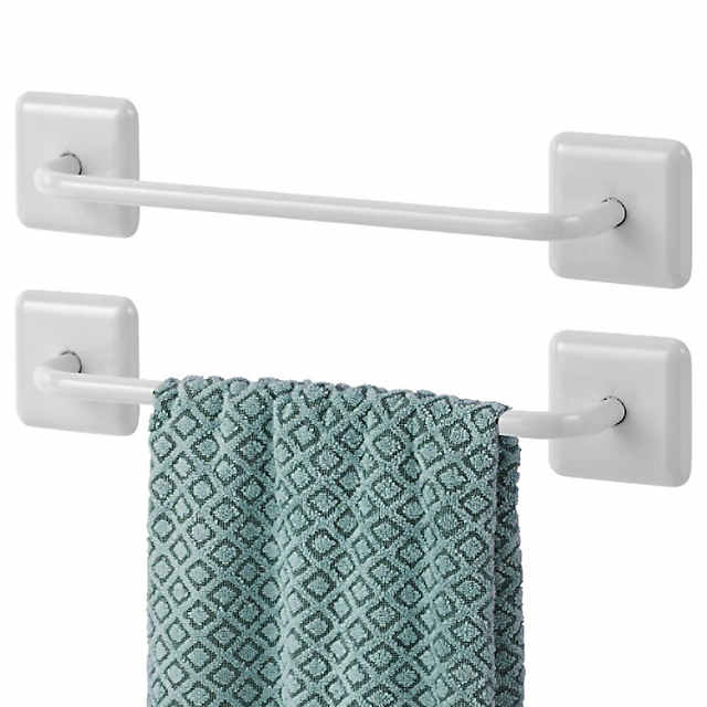 mDesign Stainless Adhesive Bathroom Towel Holder Bar/Rack- 2 Pack - Stone  Gray