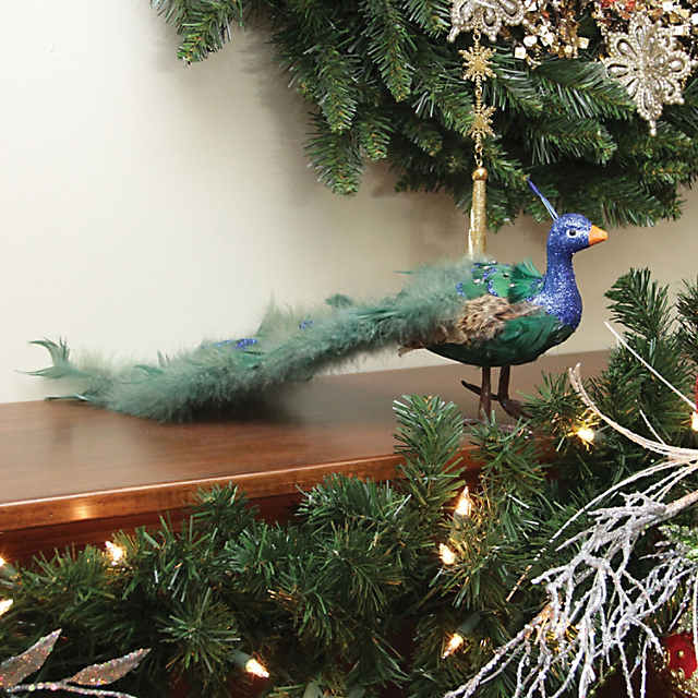 Christmas Peacock Sculpture Faux Peacock Ornaments Glitter Blue Peacock  Ornament