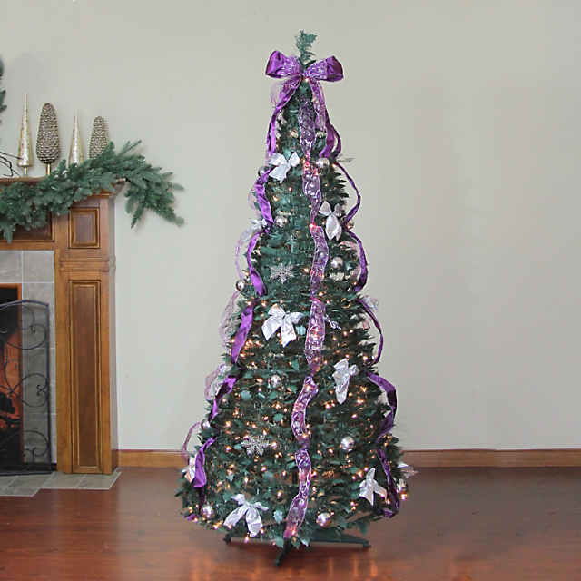 Northlight 6' Pre-Lit Purple and Silver Pre-Decorated Pop-Up Artificial Christmas  Tree Clear Lights