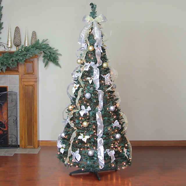 Northlight 6' Pre-Lit Silver and Gold Pre-Decorated Pop-Up Artificial Christmas Tree Clear Lights